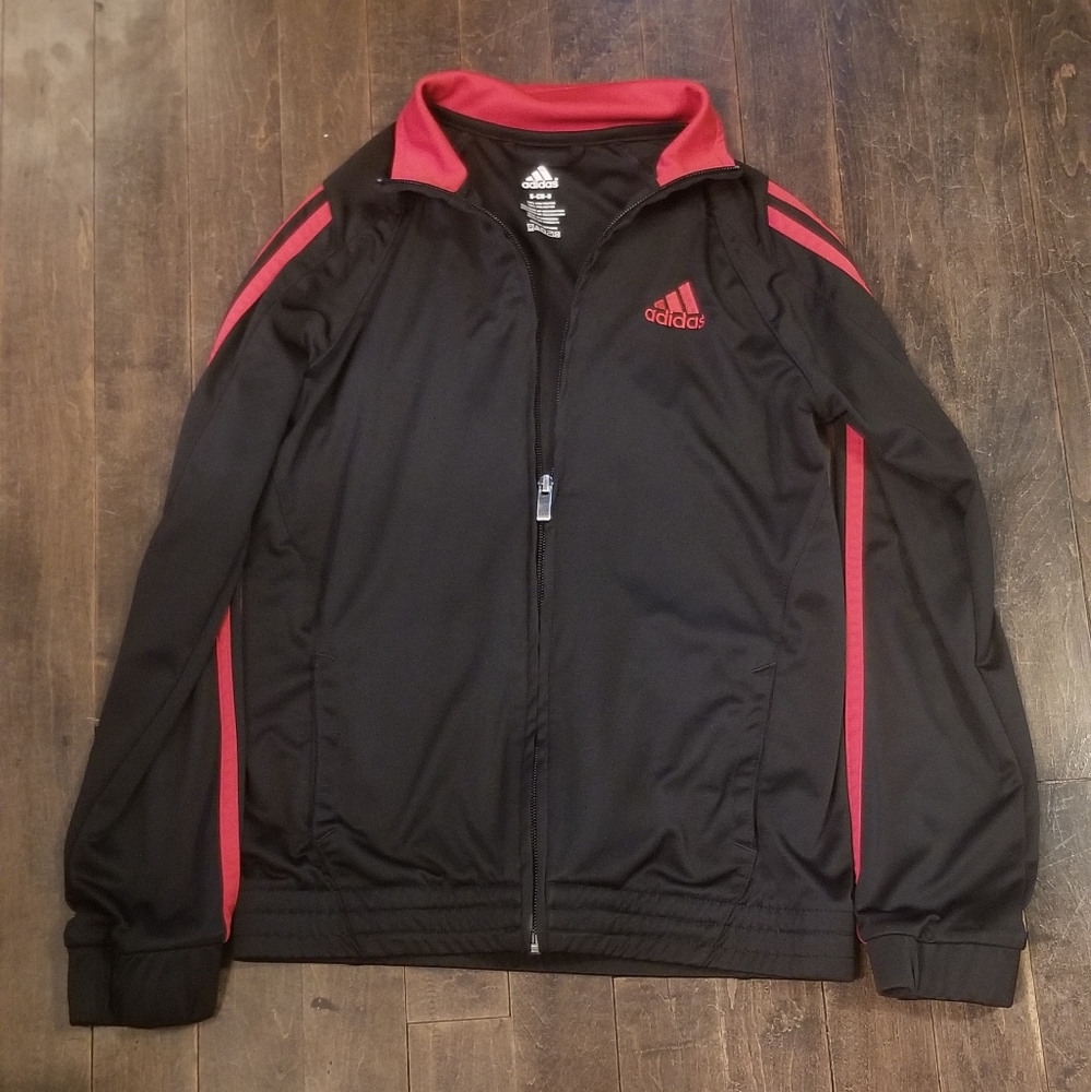 Adidas boys S Small 8 Black Jacket Red Stripes EUC